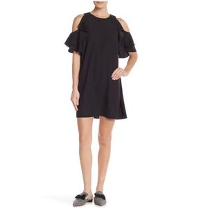 KATE SPADE Ruffle Sleeve Cold Shoulder Crepe Shift Black Dress